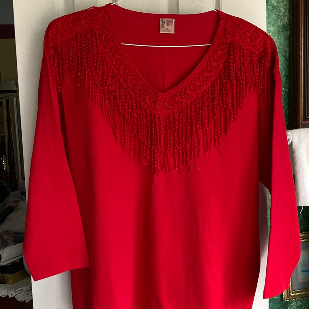 VTG. CACTUS CA. XL red fringed top w/thin shoulder pads, 3/4 sleeves $29